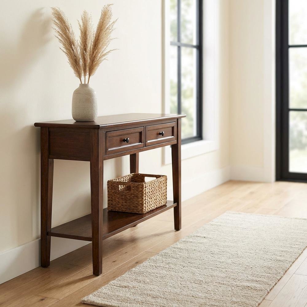 Cherry Brown Sofa Table with Shelf and Gunmetal Hardware in Solid Mahogany. Picture 3