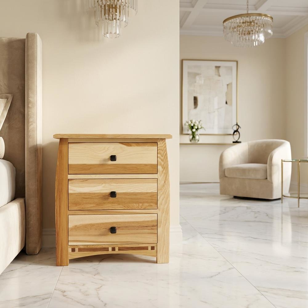 Natural Hickory Nightstand with Bronze Hardware and 3 Drawers. Picture 2