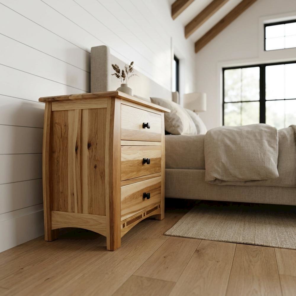 Natural Hickory Nightstand with Bronze Hardware and 3 Drawers. Picture 3