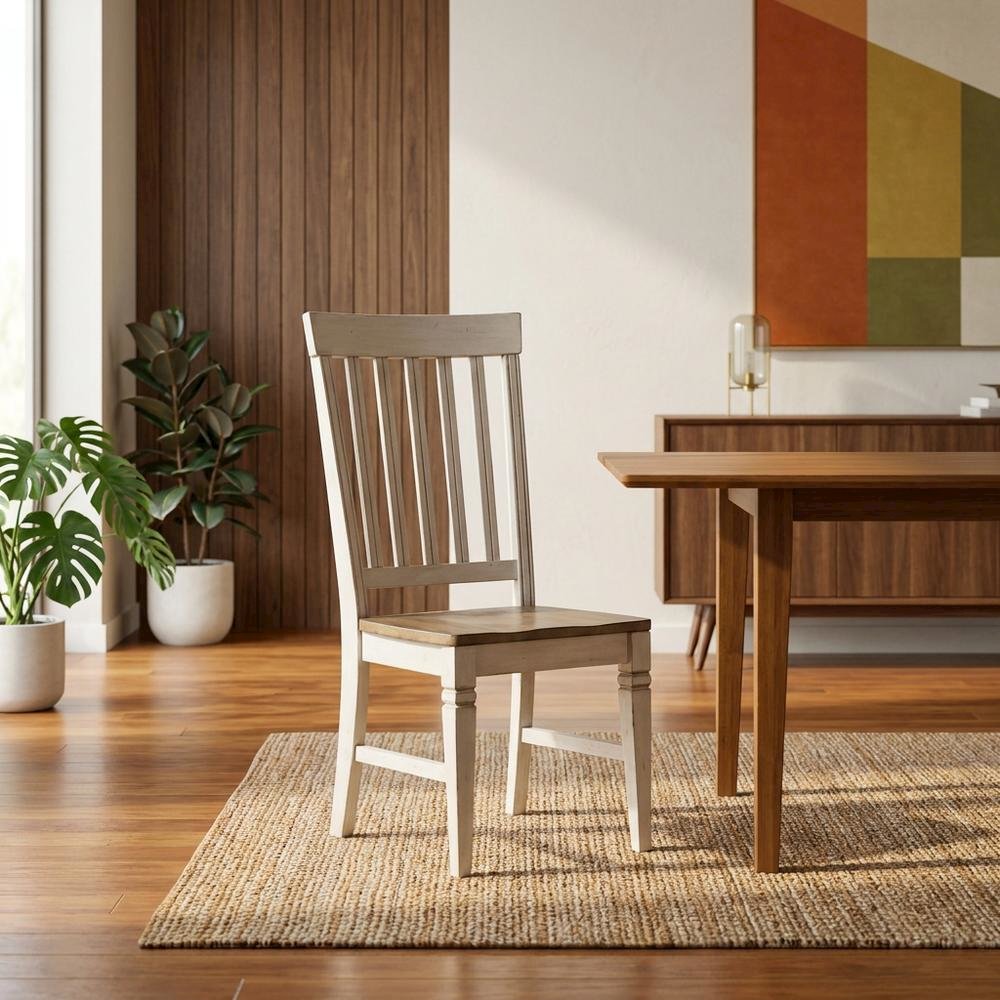 Smokey White & Peppercorn Side Chair with Slatback Design and Wooden Seat. Picture 2