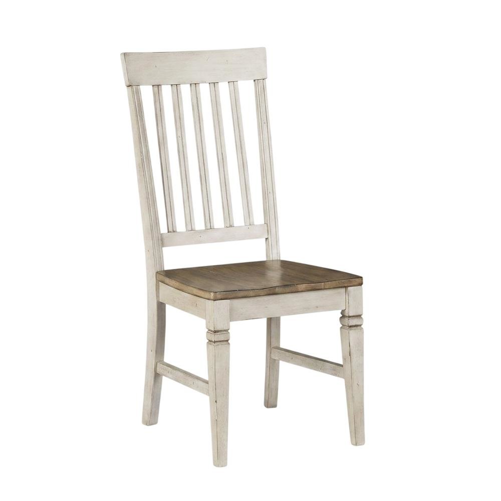 Smokey White & Peppercorn Side Chair with Slatback Design and Wooden Seat. Picture 4