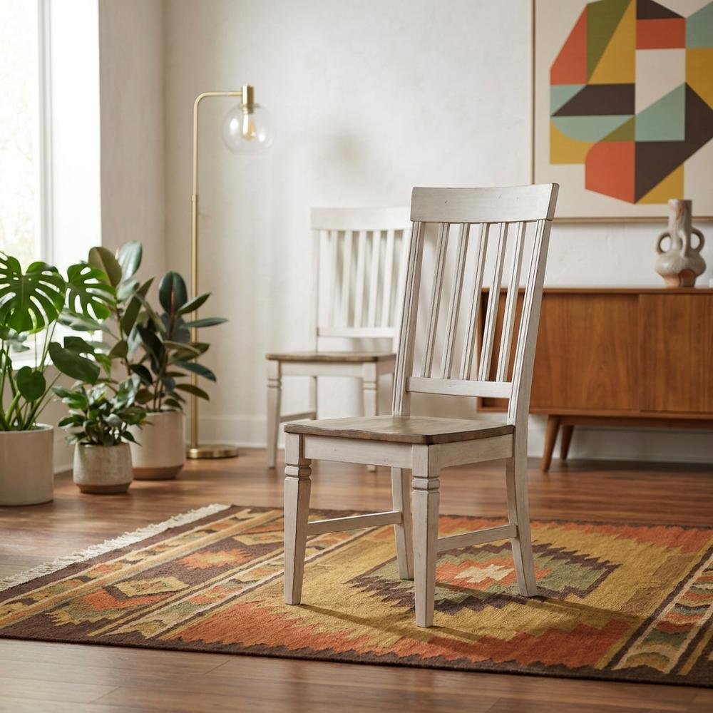 Smokey White & Peppercorn Side Chair with Slatback Design and Wooden Seat. Picture 3