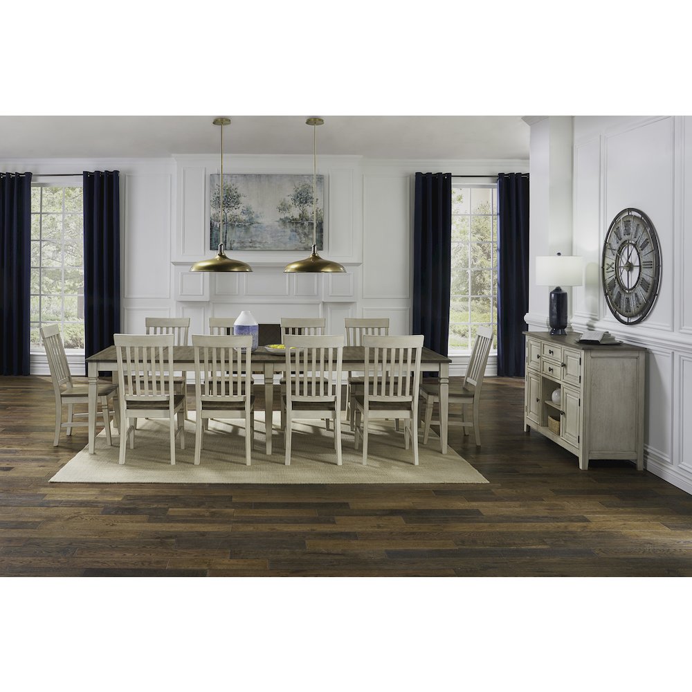 78" - 114" Leg Table with (2) 18" Butterfly Leaves, Smokey White & Peppercorn. Picture 9