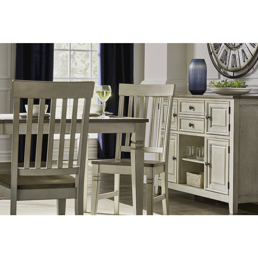 78" - 114" Leg Table with (2) 18" Butterfly Leaves, Smokey White & Peppercorn. Picture 17
