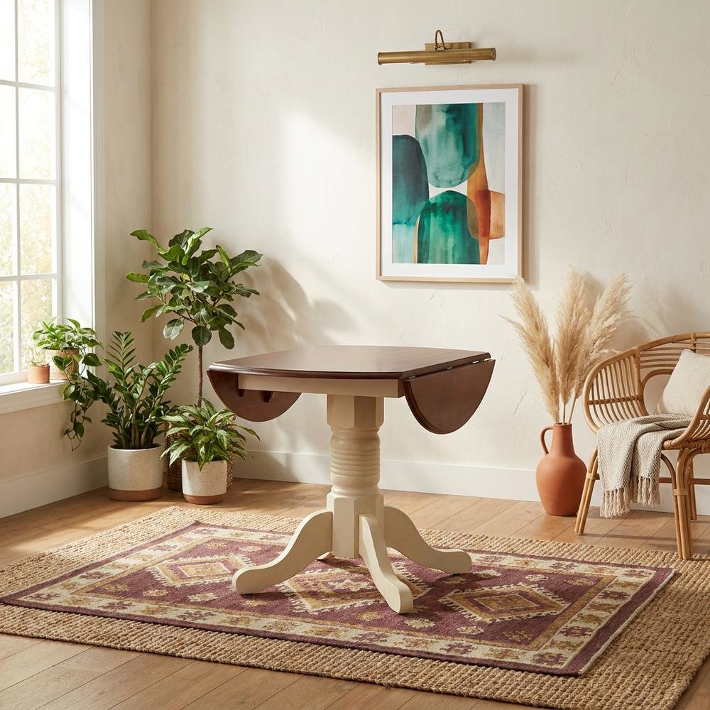 Round Drop-Leaf Dining Table in Merlot-Buttermilk Finish, Adjustable Length. Picture 2