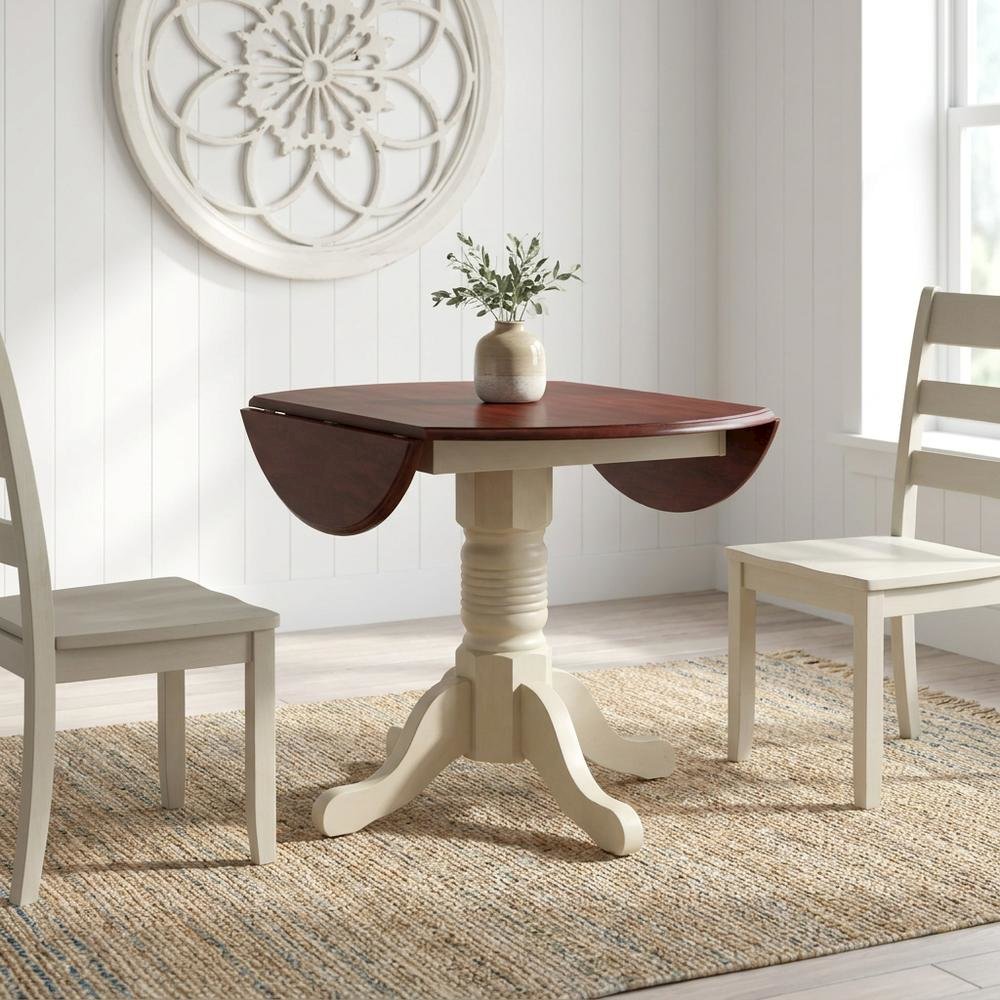 Round Drop-Leaf Dining Table in Merlot-Buttermilk Finish, Adjustable Length. Picture 3