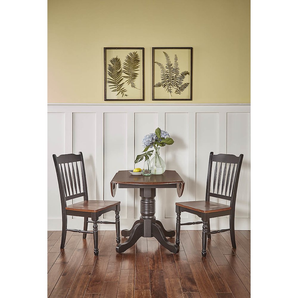 British Isles 26" - 42" Round Double Drop-Leaf Dining Table, Oak-Black Finish. Picture 2