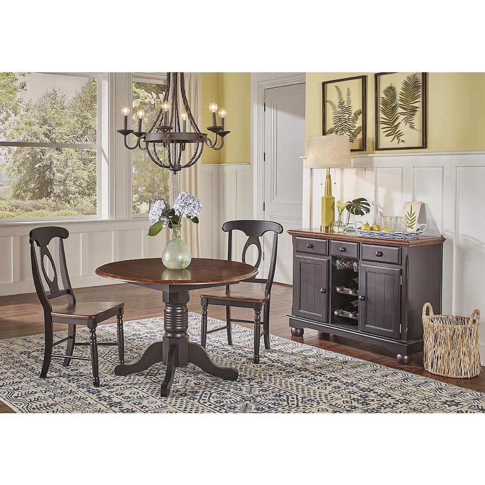 British Isles 26" - 42" Round Double Drop-Leaf Dining Table, Oak-Black Finish. Picture 4