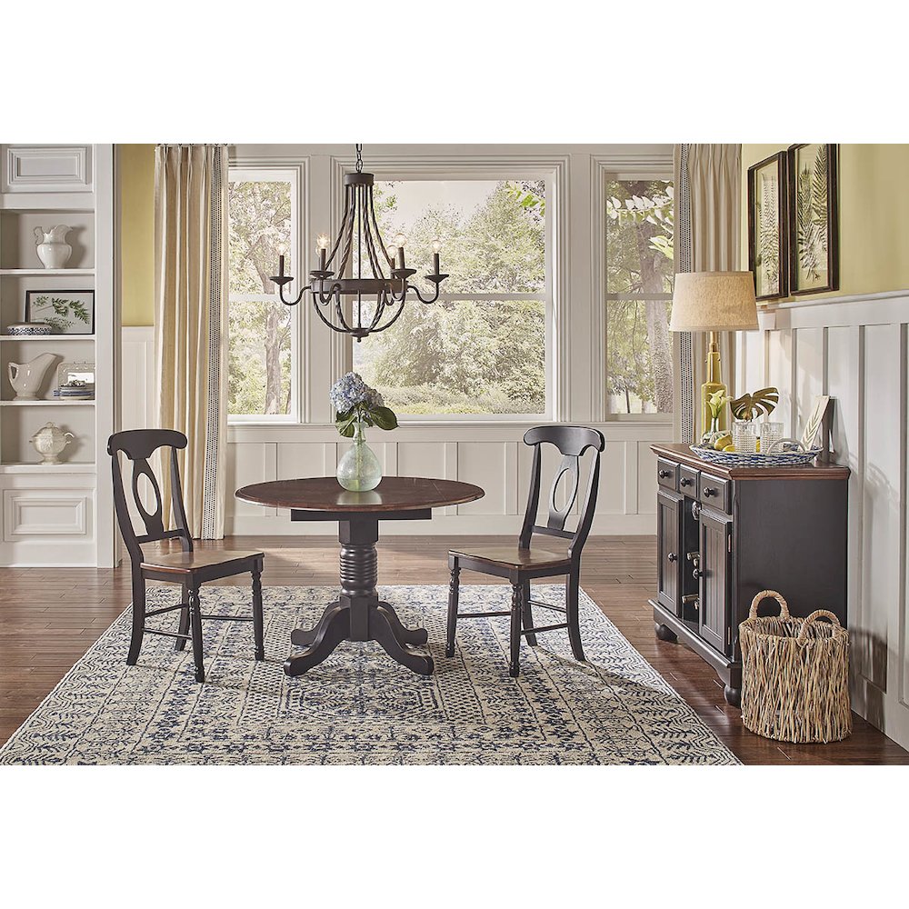 British Isles 26" - 42" Round Double Drop-Leaf Dining Table, Oak-Black Finish. Picture 5
