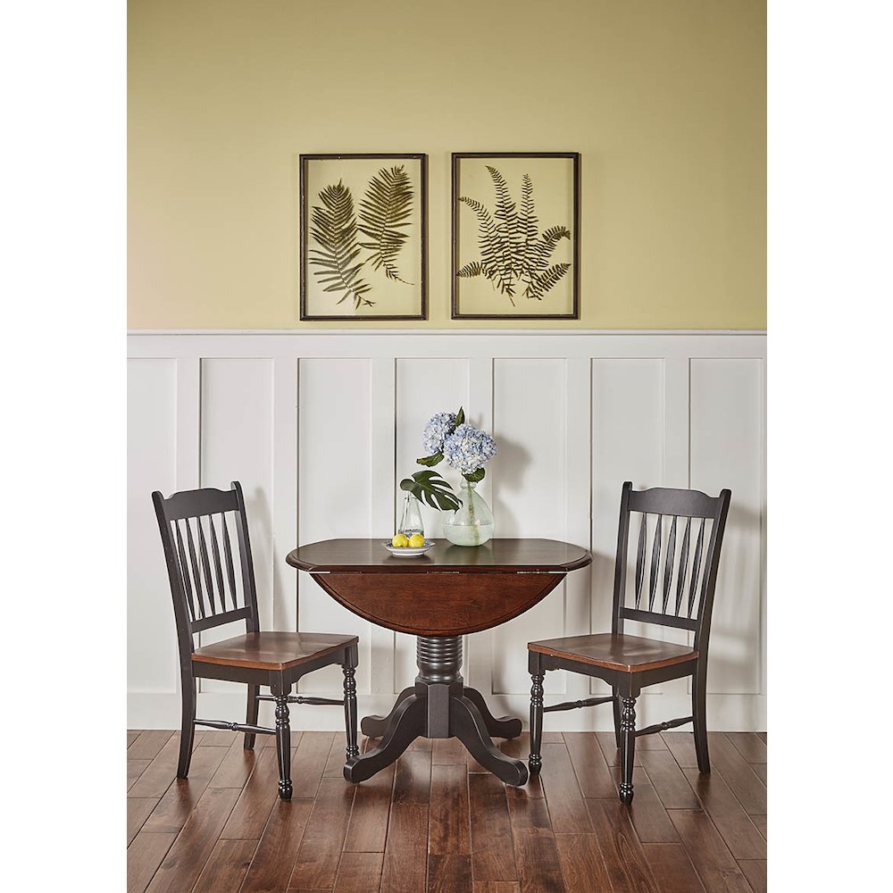 British Isles 26" - 42" Round Double Drop-Leaf Dining Table, Oak-Black Finish. Picture 3