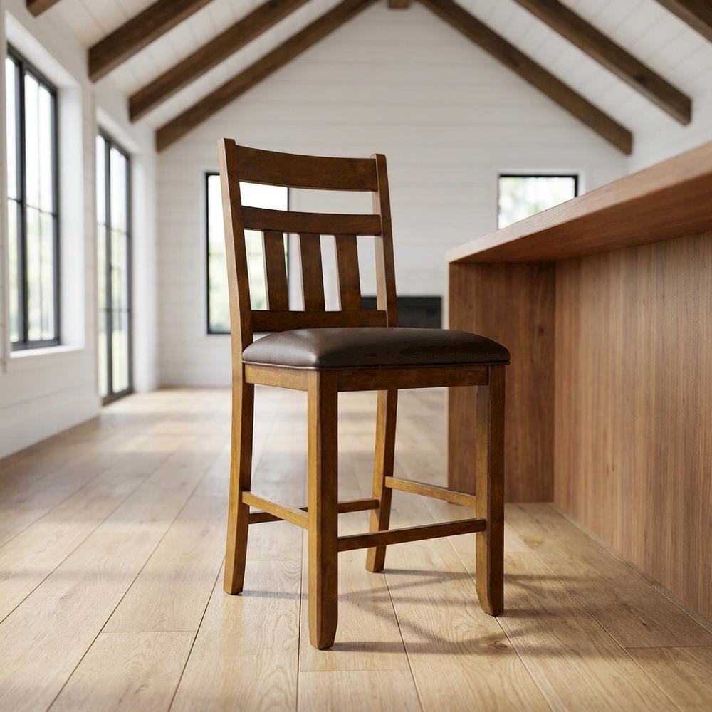 Mango Upholstered Slatback Dining Stool Set with Faux Leather Seat. Picture 2