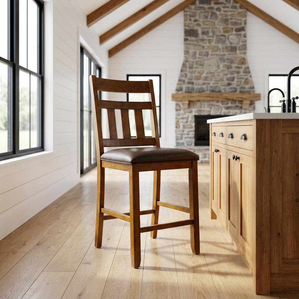 Mango Upholstered Slatback Dining Stool Set with Faux Leather Seat. Picture 3