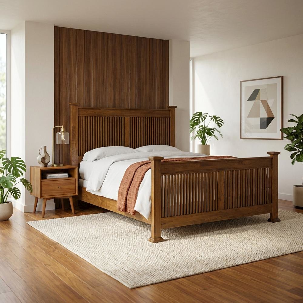 Mission-Style Queen Slat Bed in Harvest Finish with Mindi Wood. Picture 2