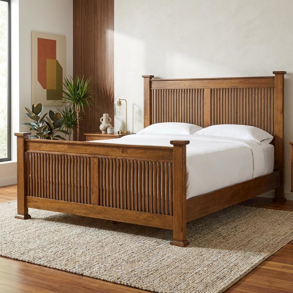 Mission-Style Queen Slat Bed in Harvest Finish with Mindi Wood. Picture 3