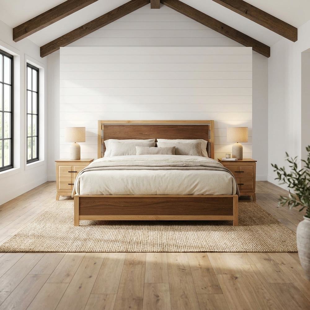 Transitional Queen Platform Bed with Natural Alder and Warm Walnut Finish. Picture 2