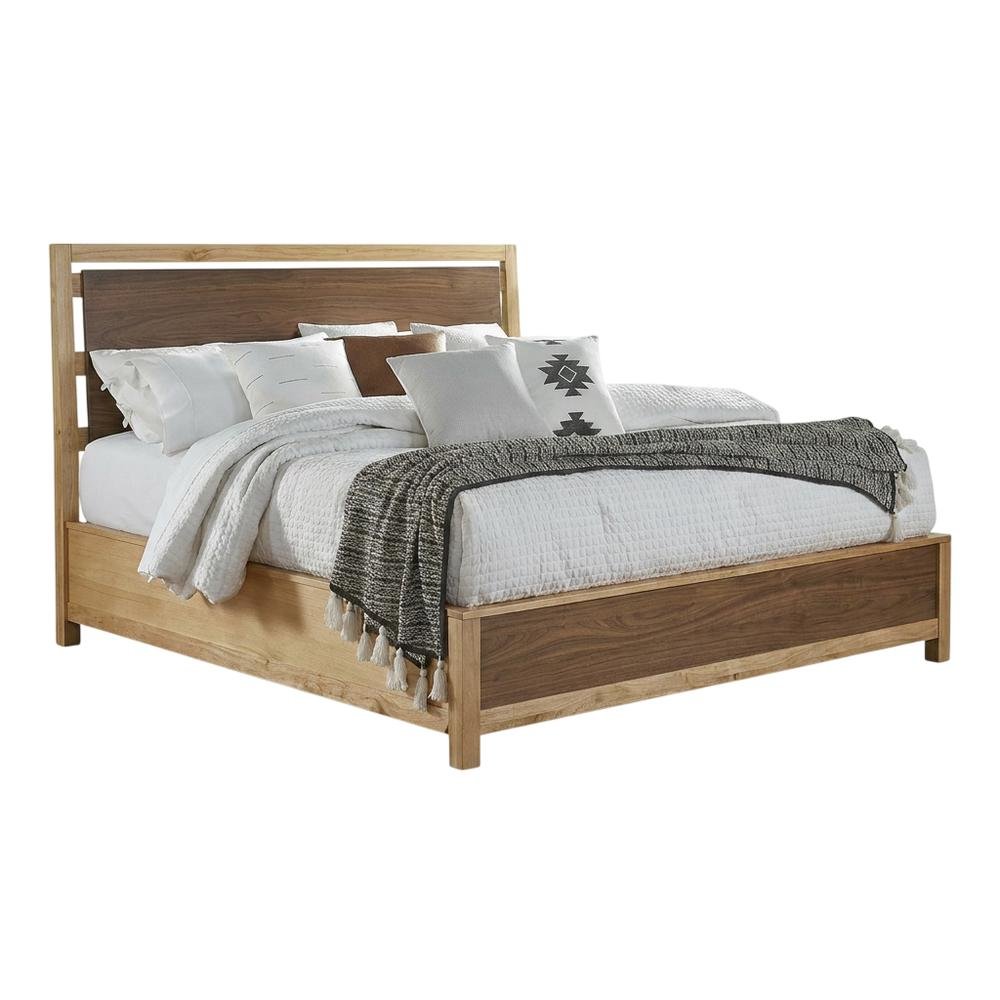 Transitional Queen Platform Bed with Natural Alder and Warm Walnut Finish. Picture 1