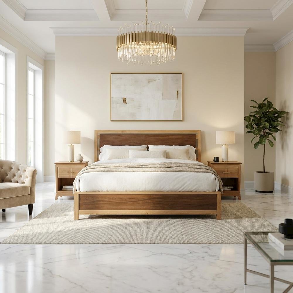 Transitional Queen Platform Bed with Natural Alder and Warm Walnut Finish. Picture 6