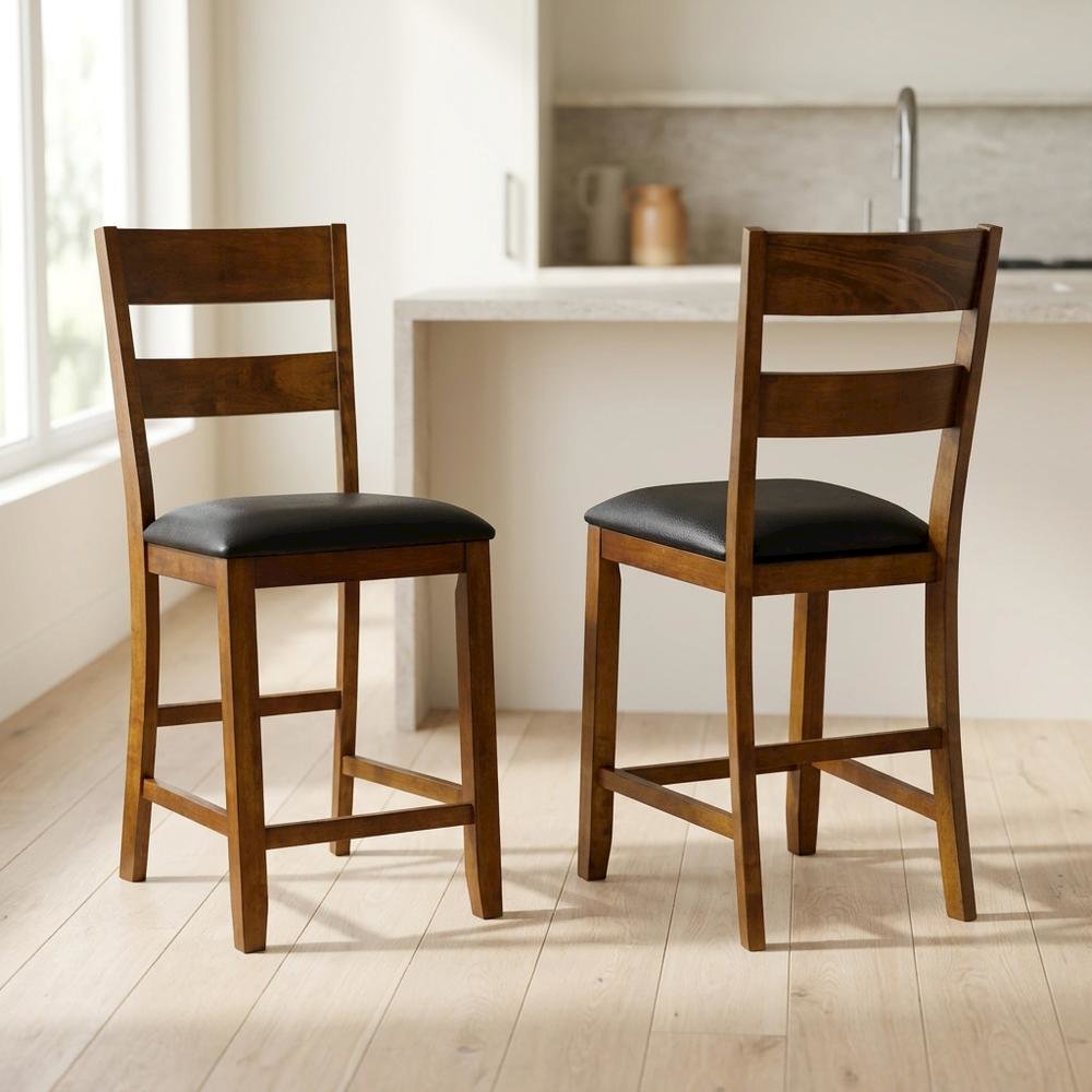 Rustic Whiskey Counter Stool with Upholstered Faux Leather Seat 2-Piece Set. Picture 2