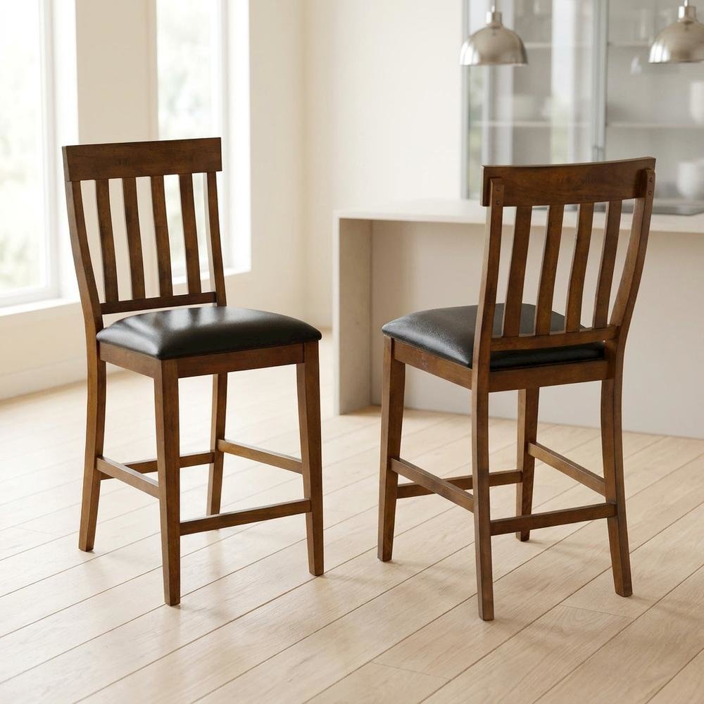 Rustic Whiskey Counter Stool Set with Upholstered Faux Leather Seats (2 Pack). Picture 2