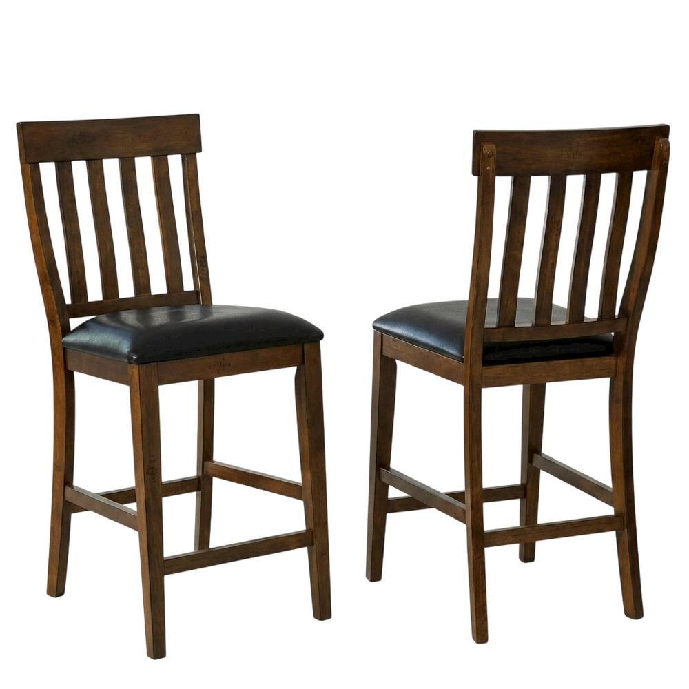 Rustic Whiskey Counter Stool Set with Upholstered Faux Leather Seats (2 Pack). Picture 1