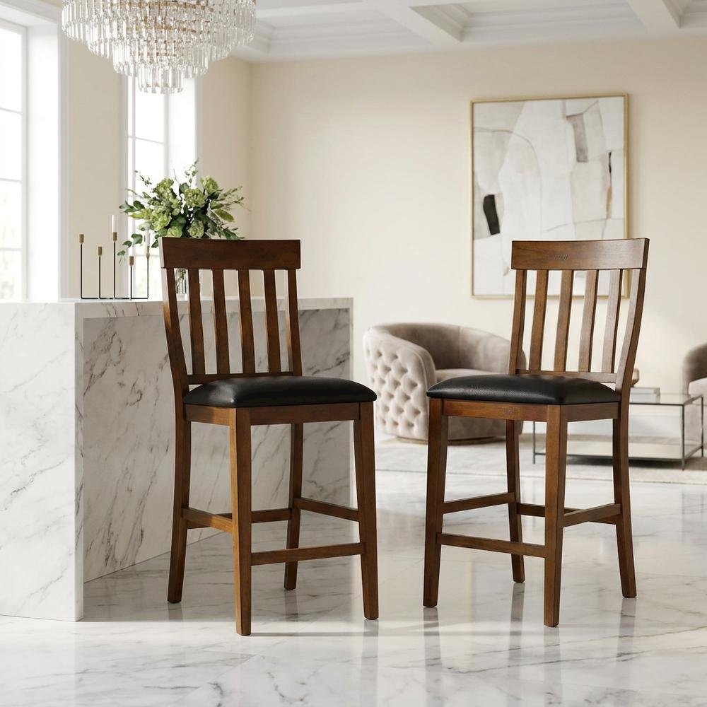 Rustic Whiskey Counter Stool Set with Upholstered Faux Leather Seats (2 Pack). Picture 3