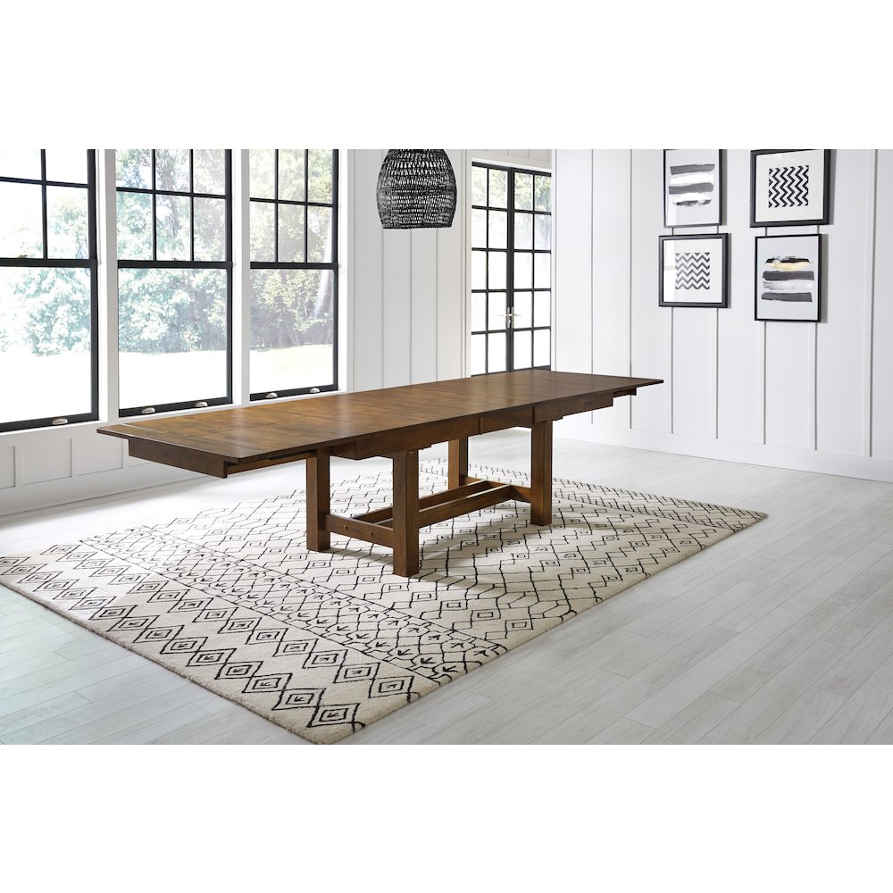 Mariposa 78" - 132" Trestle Table with (3) 18" Butterfly Leaves, Rustic Whiskey. Picture 5