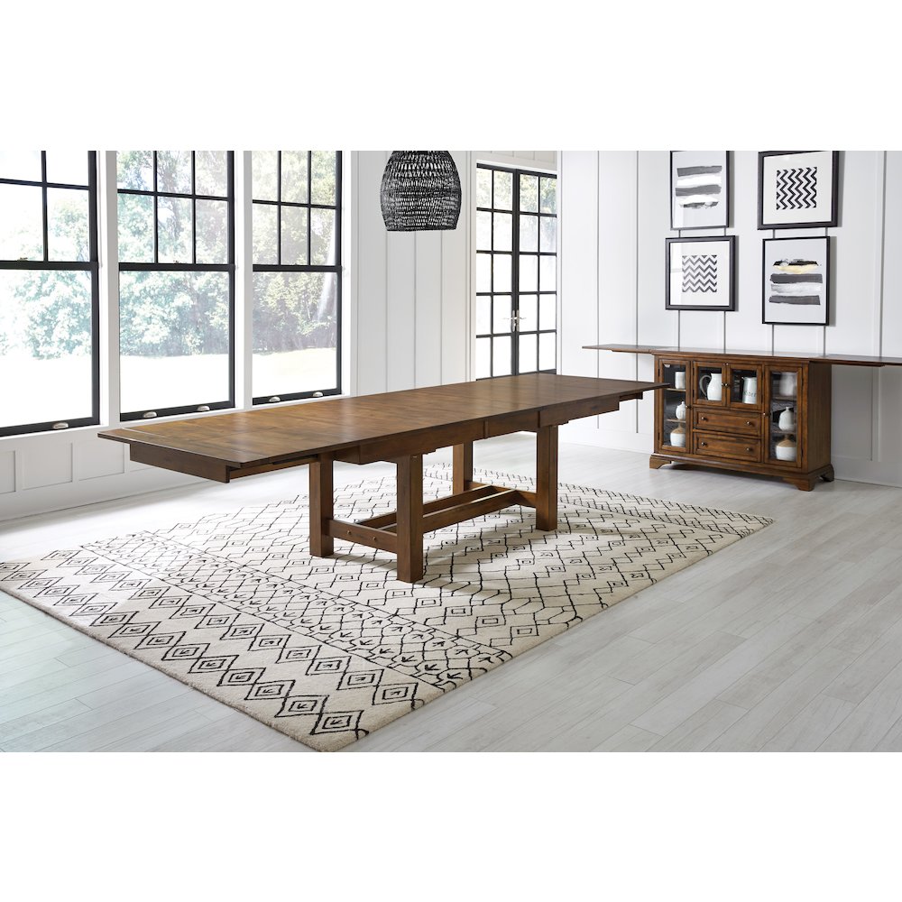 Mariposa 78" - 132" Trestle Table with (3) 18" Butterfly Leaves, Rustic Whiskey. Picture 2