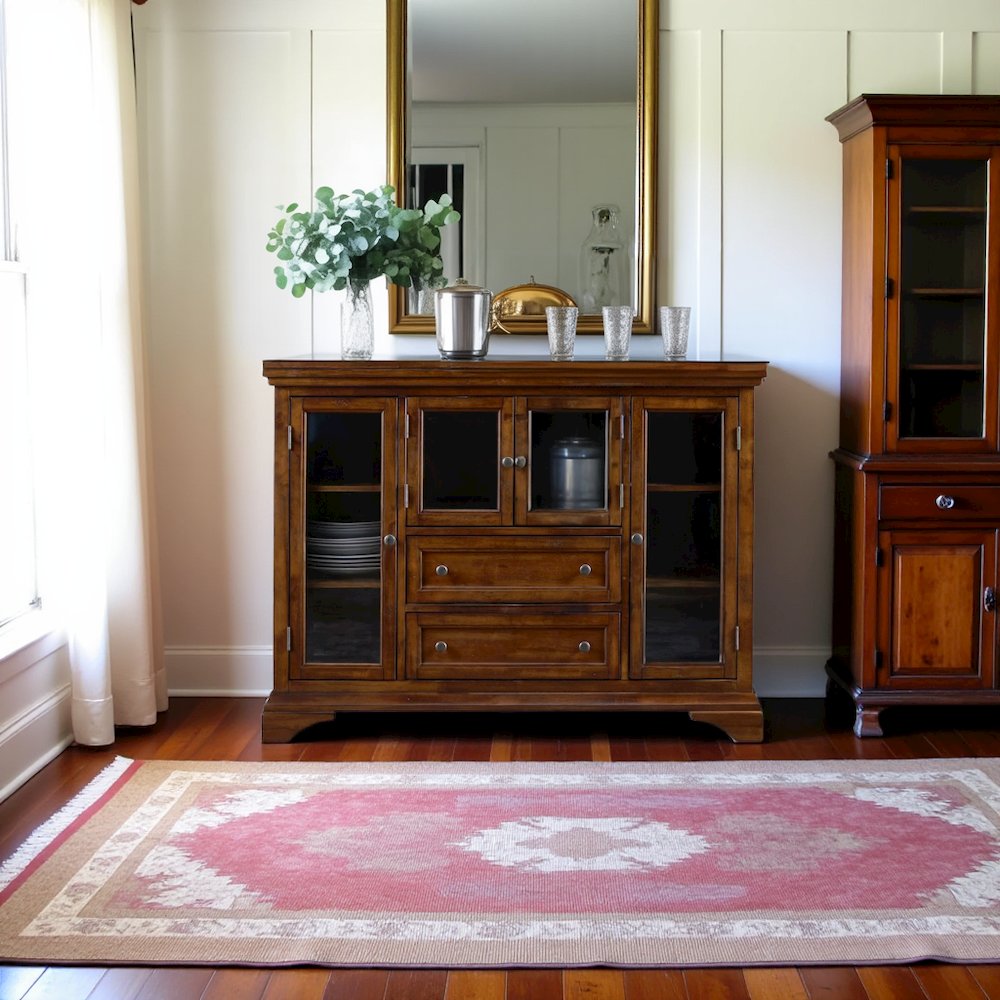 Brown Flip-Top Server Buffet Cabinet with Glass Doors and Drop Leaf Feature. Picture 2
