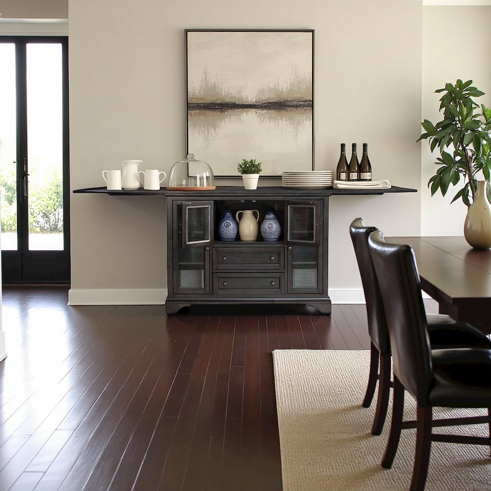 Gray Flip-Top Server Buffet Cabinet with Glass Doors and Drop Leaf Feature. Picture 2