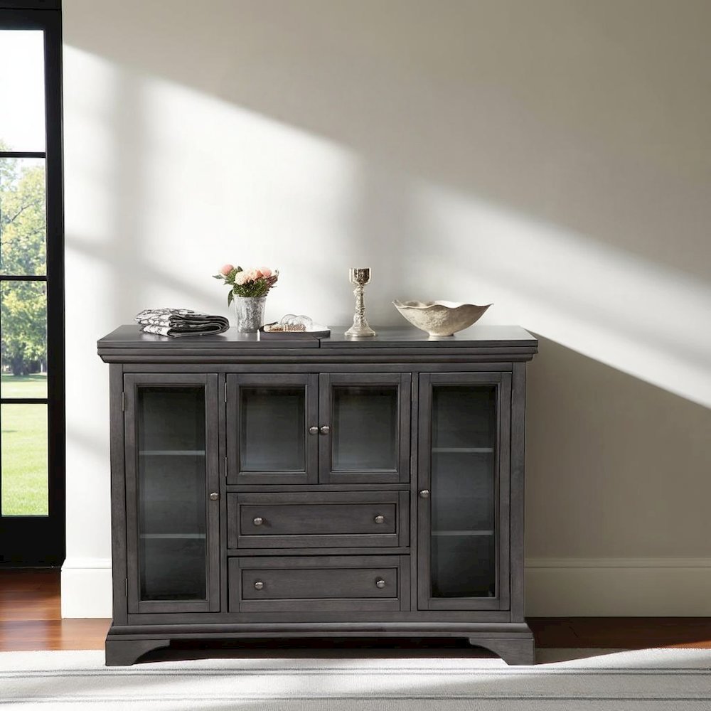 Gray Flip-Top Server Buffet Cabinet with Glass Doors and Drop Leaf Feature. Picture 3