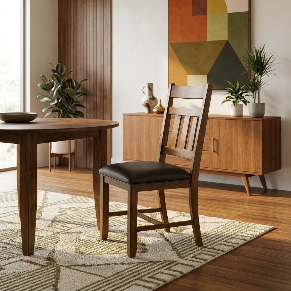 Distressed Mango Side Chair with Upholstered Faux Leather Seat, Warm Pecan. Picture 2