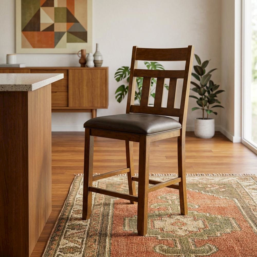 Distressed Mango Counter Stool with Upholstered Faux Leather Seat, Warm Pecan. Picture 2