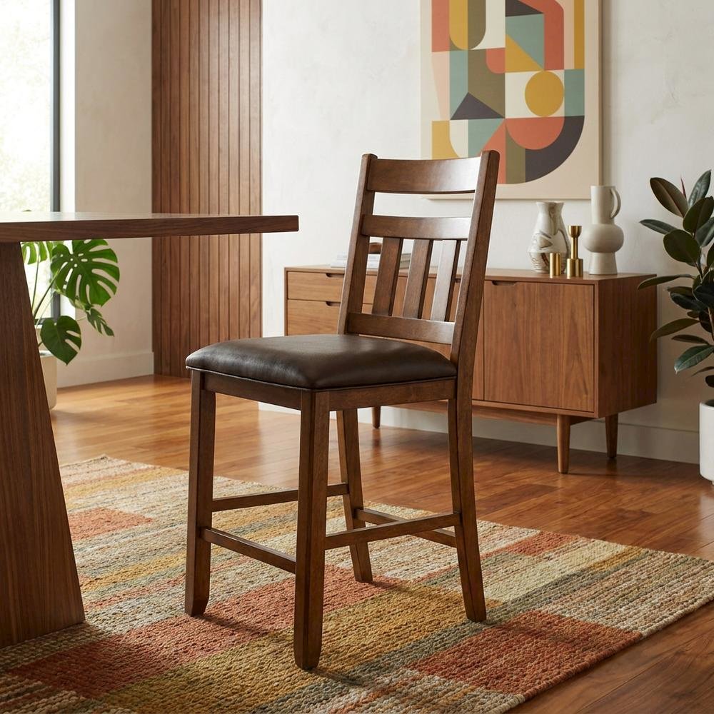 Distressed Mango Counter Stool with Upholstered Faux Leather Seat, Warm Pecan. Picture 3