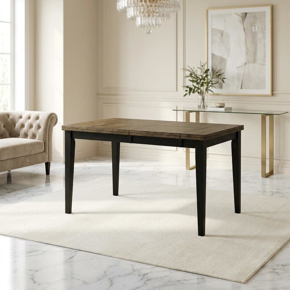 Chicory and black distressed wood dining table with adjustable length, seats six. Picture 3