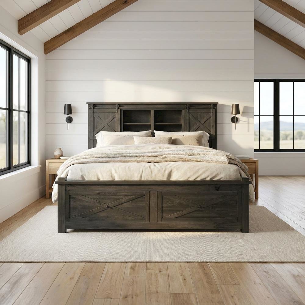 Charcoal Rustic Storage Bed with Integrated Bench and Solid Pine Construction. Picture 2