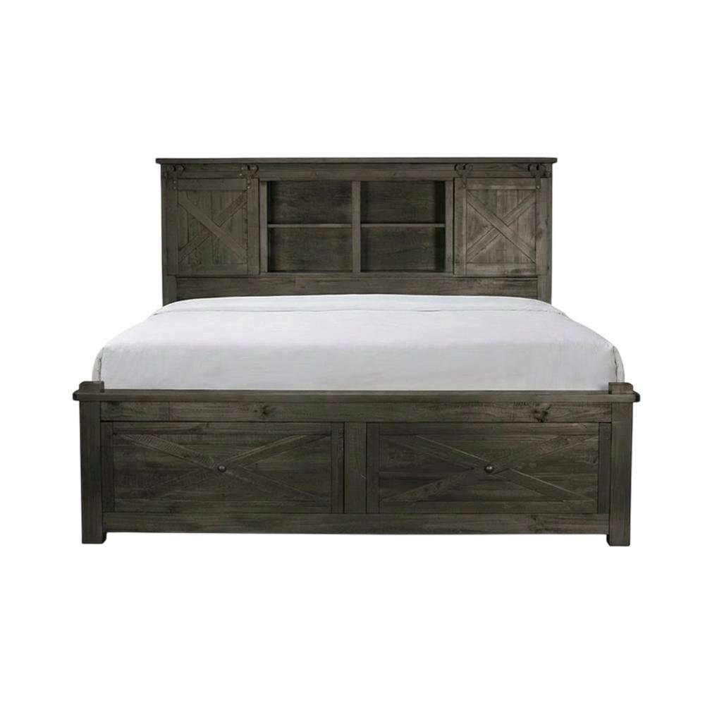 Charcoal Rustic Storage Bed with Integrated Bench and Solid Pine Construction. Picture 1