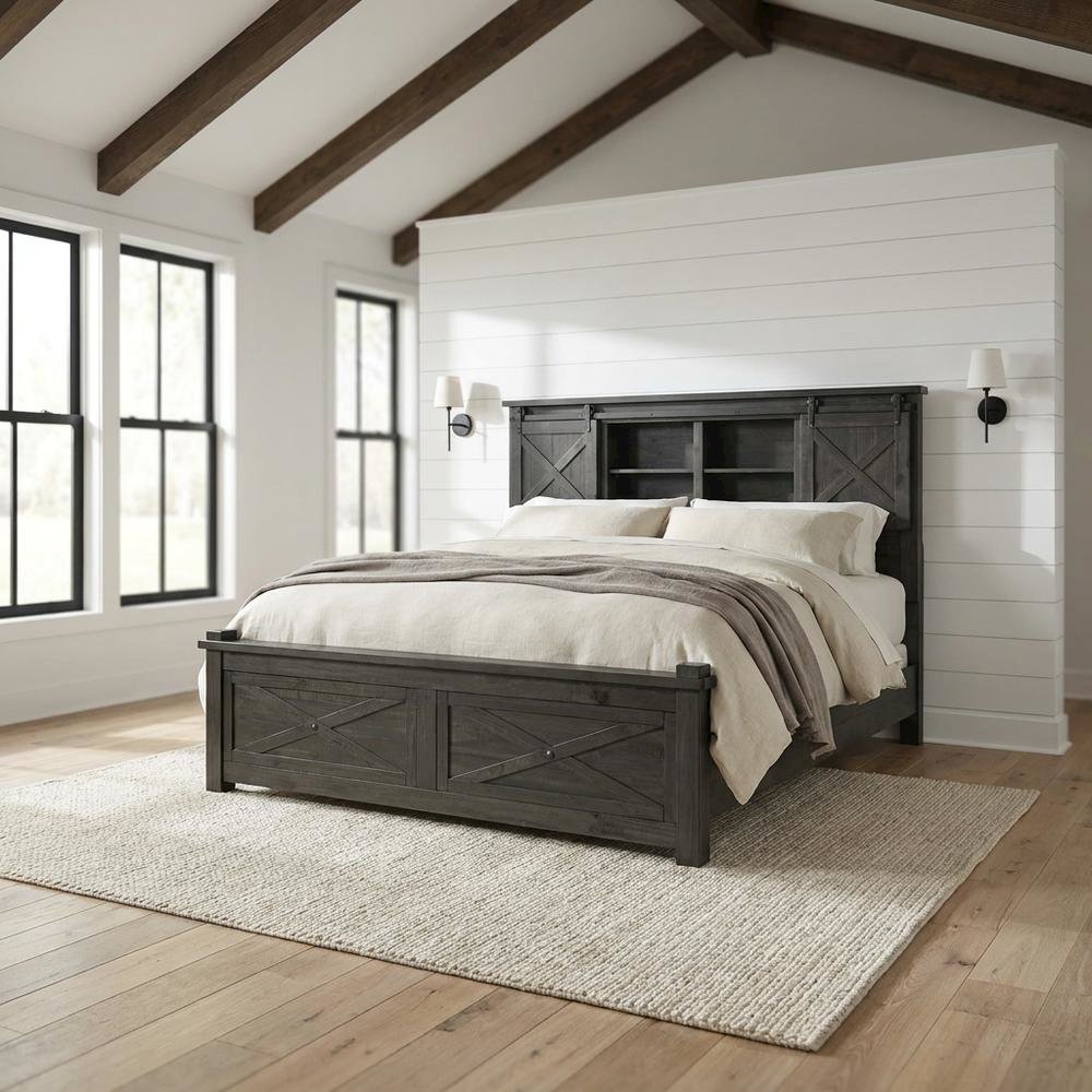 Charcoal Rustic Storage Bed with Integrated Bench and Solid Pine Construction. Picture 3