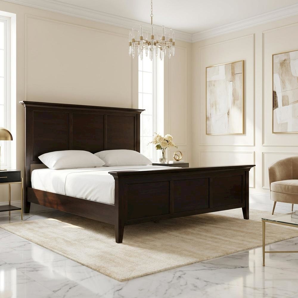 Cherry Brown Finish Platform Bed with Solid Mahogany in Transitional Style. Picture 2