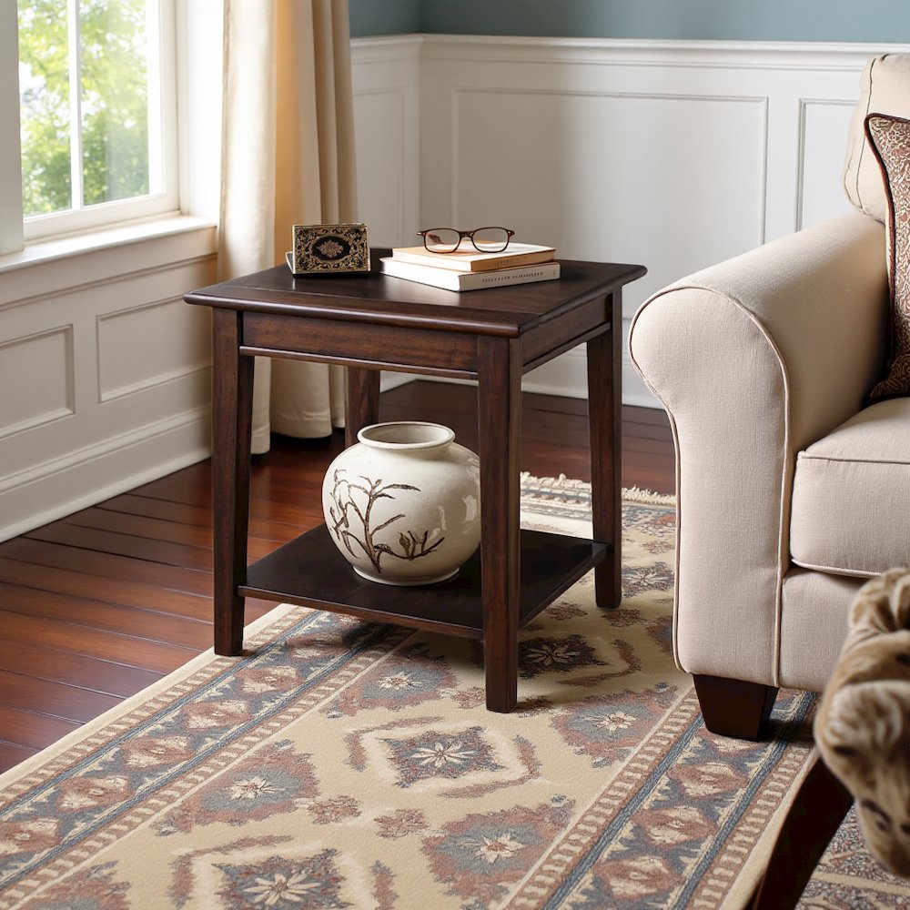 Brown Wooden End Table for Living Room, Small Square Table with Shelf. Picture 3