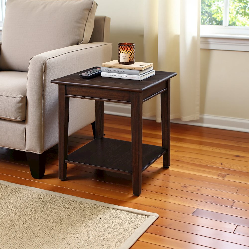 Brown Wooden End Table for Living Room, Small Square Table with Shelf. Picture 2