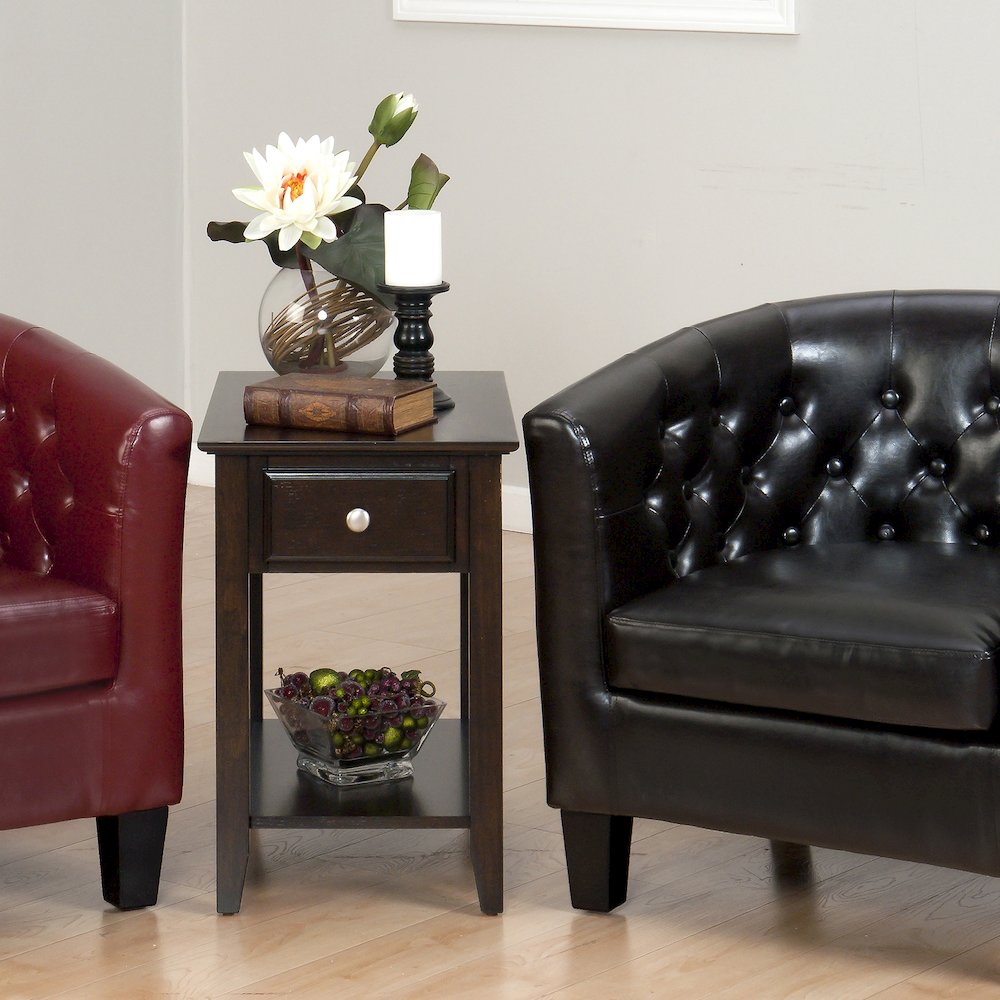 Modern Espresso Traditional Chairside End Table with Shelf and Drawer. Picture 8