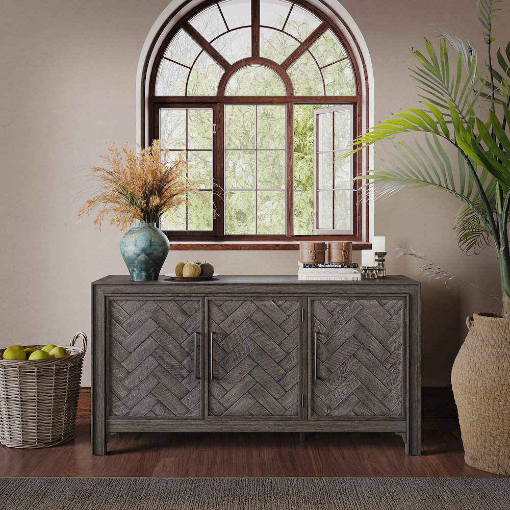 Gramercy Mid-Century Modern Chevron Three Door 60" Accent Cabinet. Picture 9