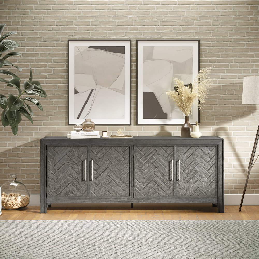 Gramercy Mid-Century Modern Chevron Four Door 79" Accent Cabinet. Picture 2