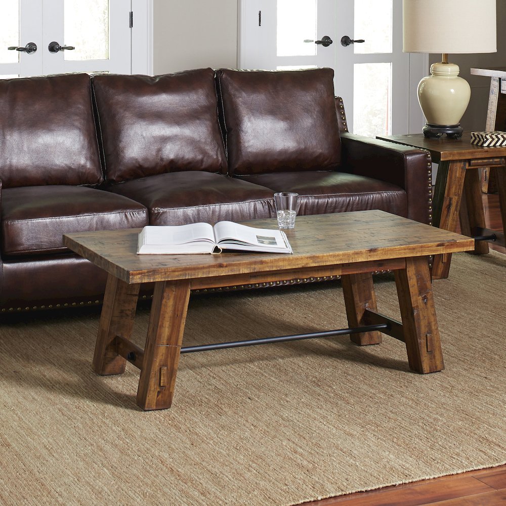 Cannon Valley Rustic Distressed Industrial Trestle 50" Coffee Table. Picture 8