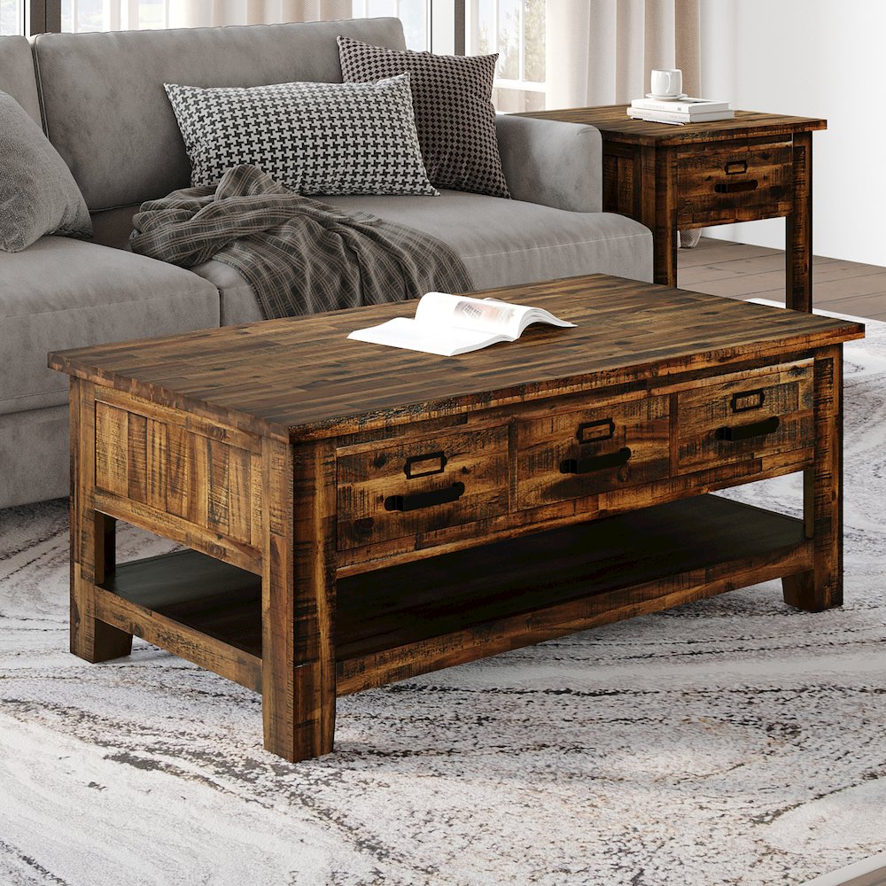 Cannon Valley Distressed Industrial Three Drawer 48" Coffee Table. Picture 13