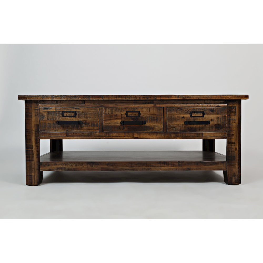 Cannon Valley Distressed Industrial Three Drawer 48" Coffee Table. Picture 1