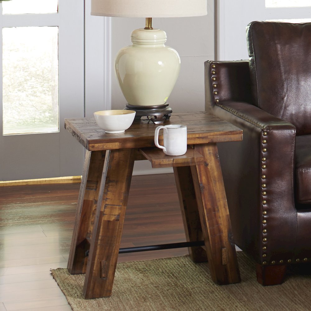 Cannon Valley Rustic Distressed Industrial Trestle End Table. Picture 2