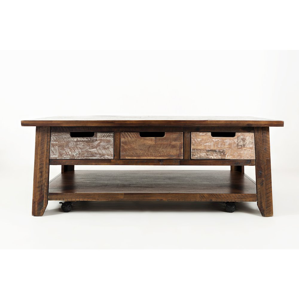 Rustic Solid Acacia 50" Coffee Table with Pull Through Drawers and Caster Wheels. Picture 1