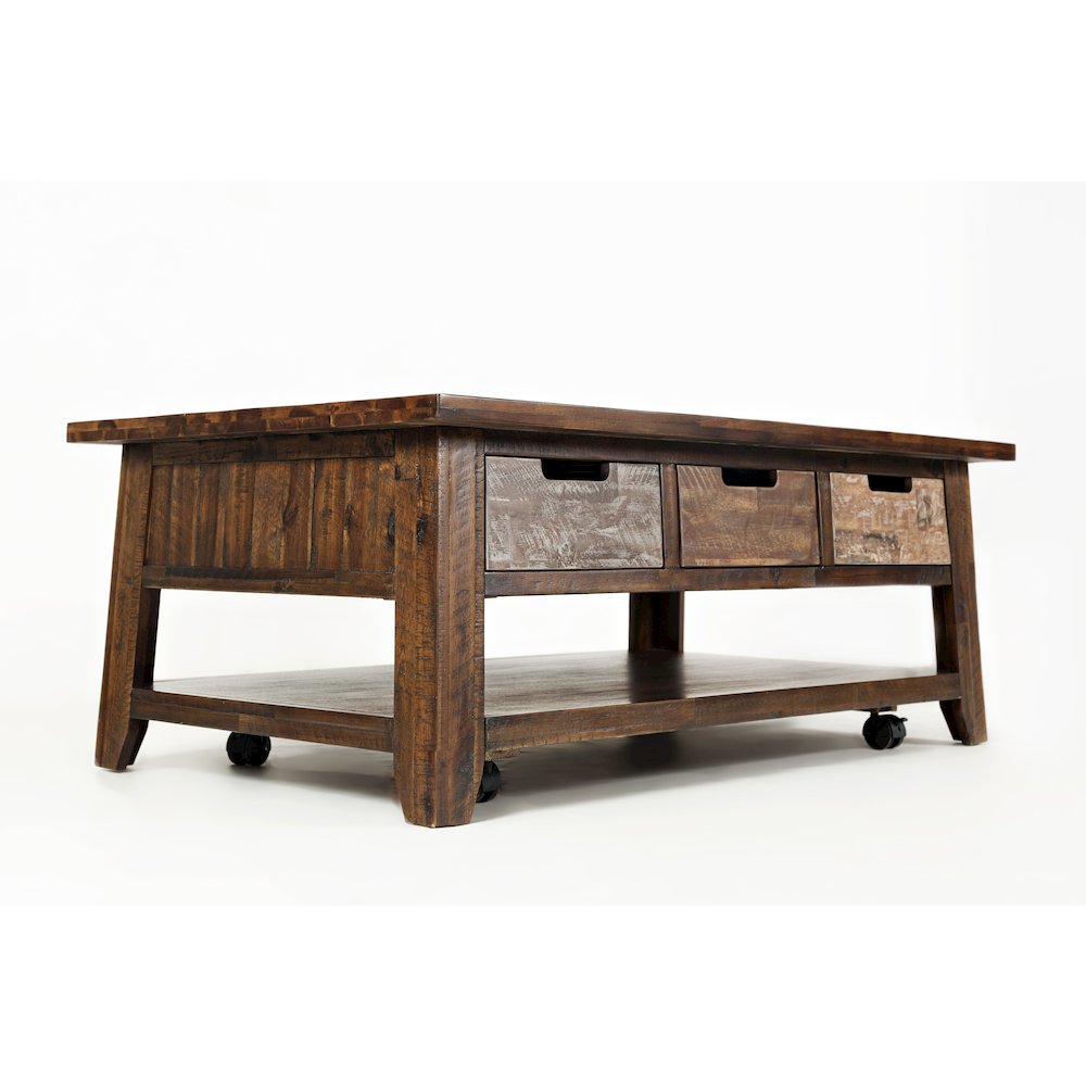 Rustic Solid Acacia 50" Coffee Table with Pull Through Drawers and Caster Wheels. Picture 4