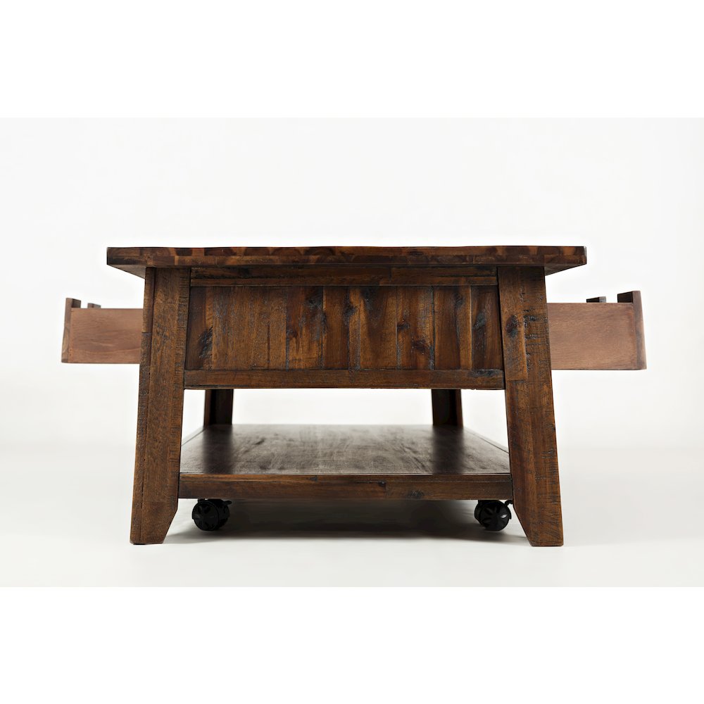 Rustic Solid Acacia 50" Coffee Table with Pull Through Drawers and Caster Wheels. Picture 6